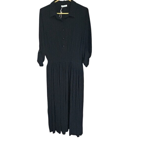 Love Stitch Womens Smocked Elastic Waist Button A Line Maxi Dress Black… - Picture 1 of 7